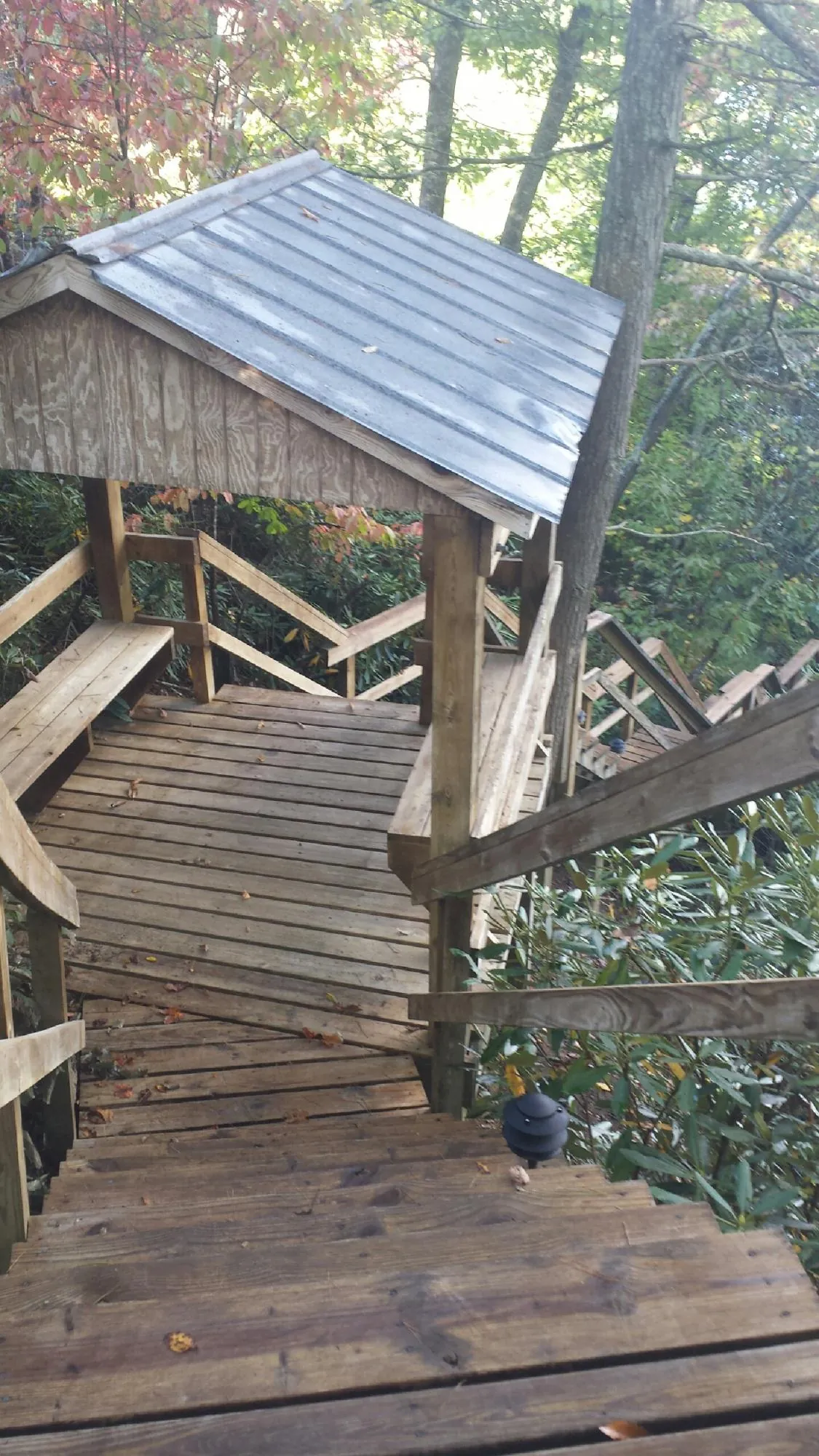 Metal roofed shelter over wooden steps on a wooded walkway — Skylight Repair & Installation work by our crew in Whitefish